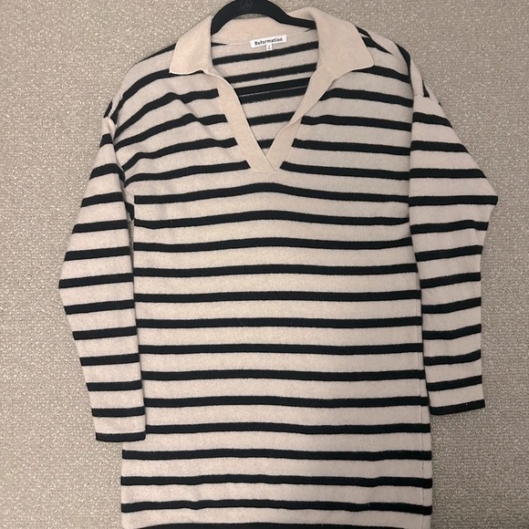 Reformation Doreen Cashmere Polo Mini Dress, Size: Small, Gossamer Black Stripe - Picture 7 of 10